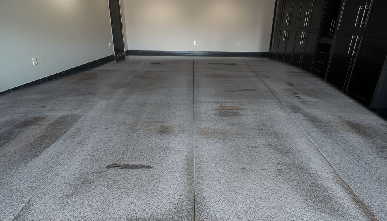 Bare stained concrete garage floor before epoxy coating