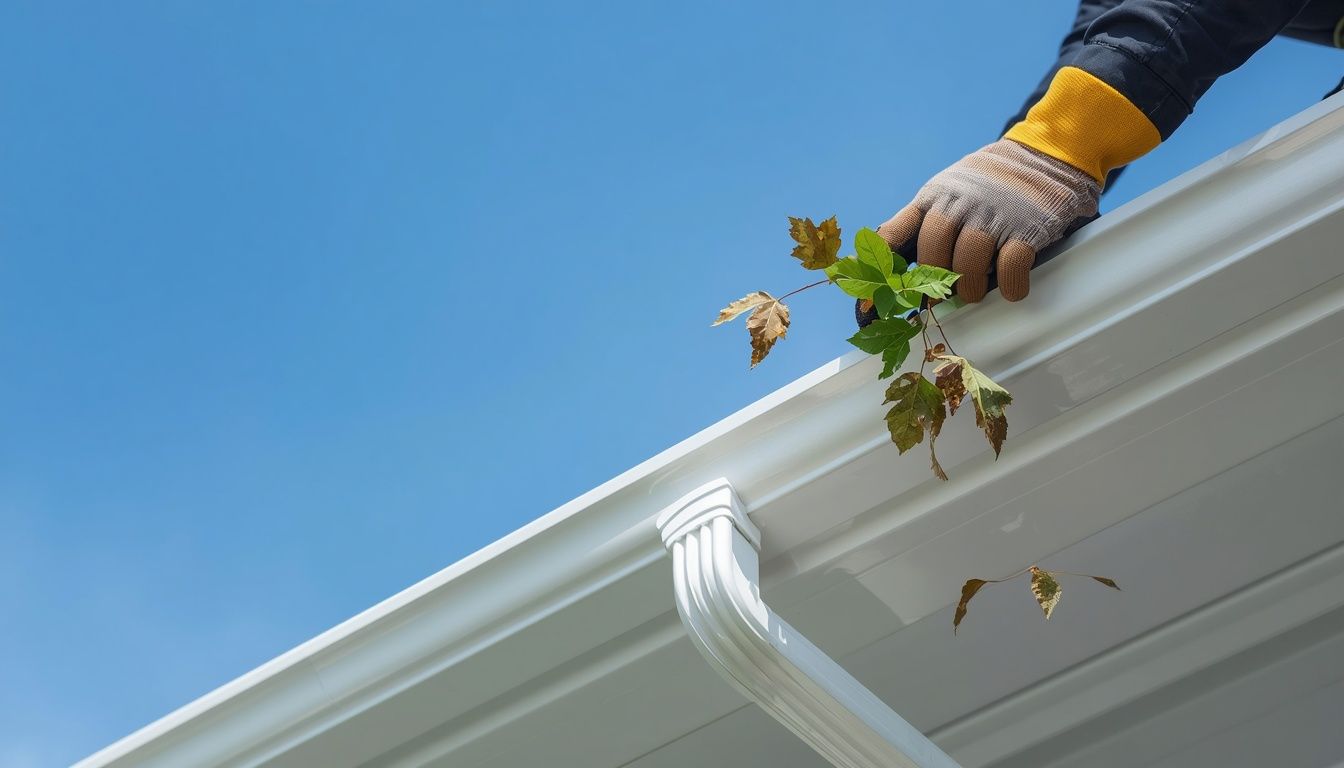 The same white gutter cleared by hand, clean and flowing against a blue sky