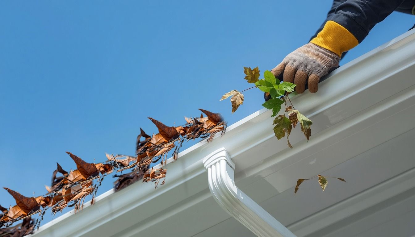 White gutter overflowing with dry leaves and debris before cleaning