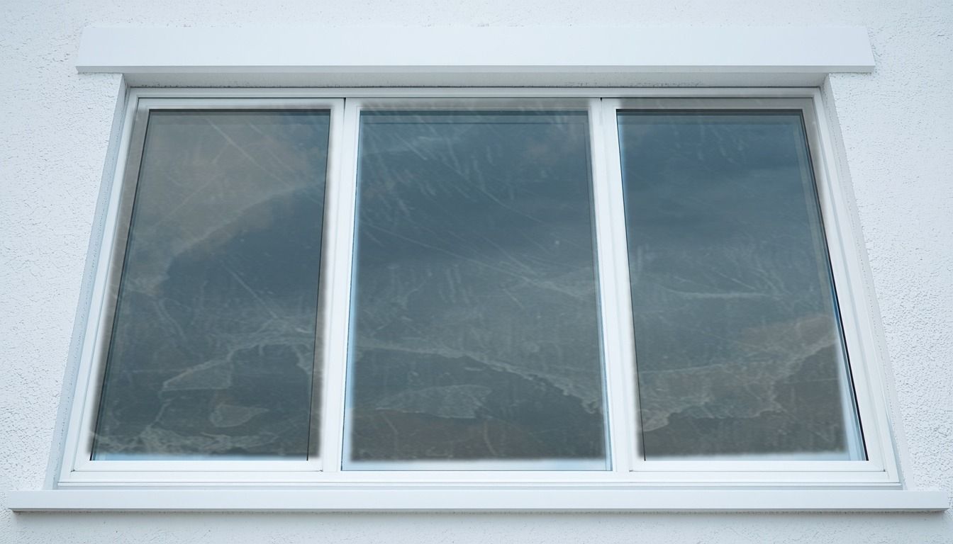 Window glass hazed with dirt and water spots before cleaning