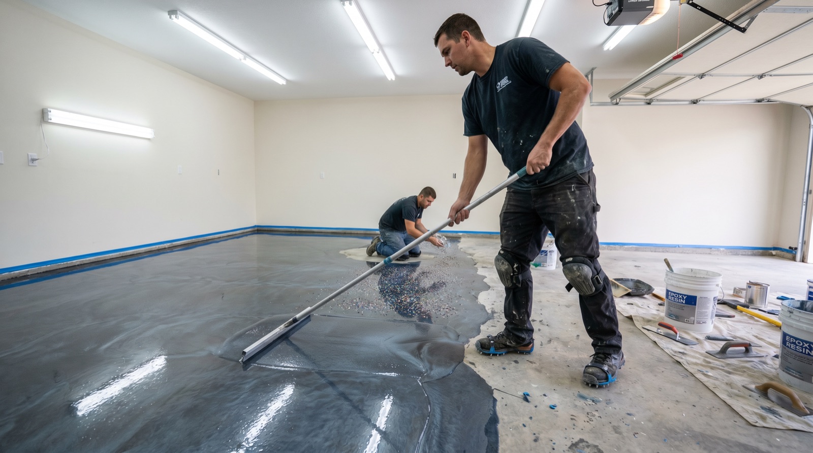 Pelora Surfaces crew installing a metallic epoxy garage floor, one technician spreading resin with a squeegee while another broadcasts color flakes