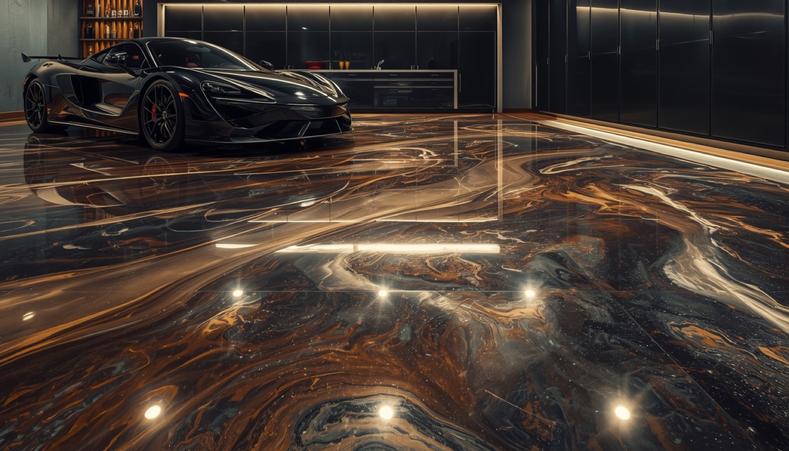 Glossy metallic epoxy garage floor with an exotic car in a luxury garage