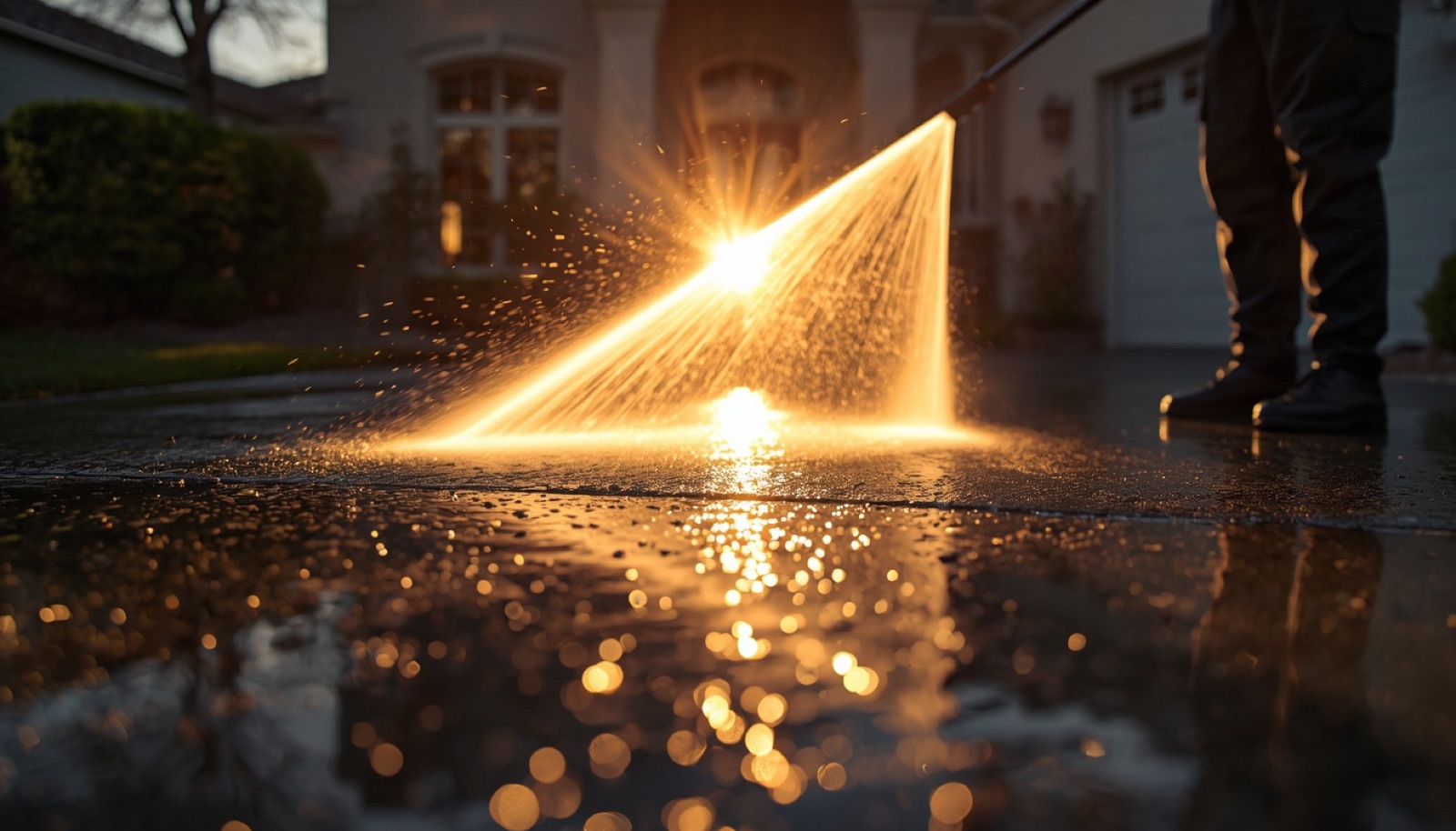 Pressure washer blasting a bright clean stripe across a grimy driveway at golden hour