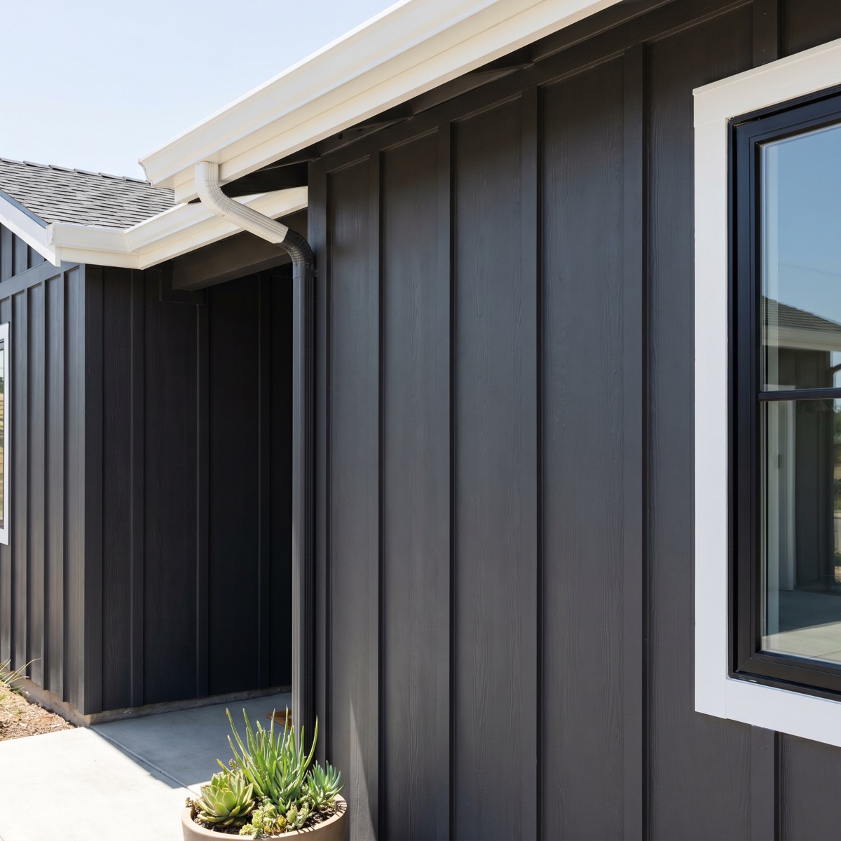 Modern charcoal board-and-batten wood siding, clean and crisp