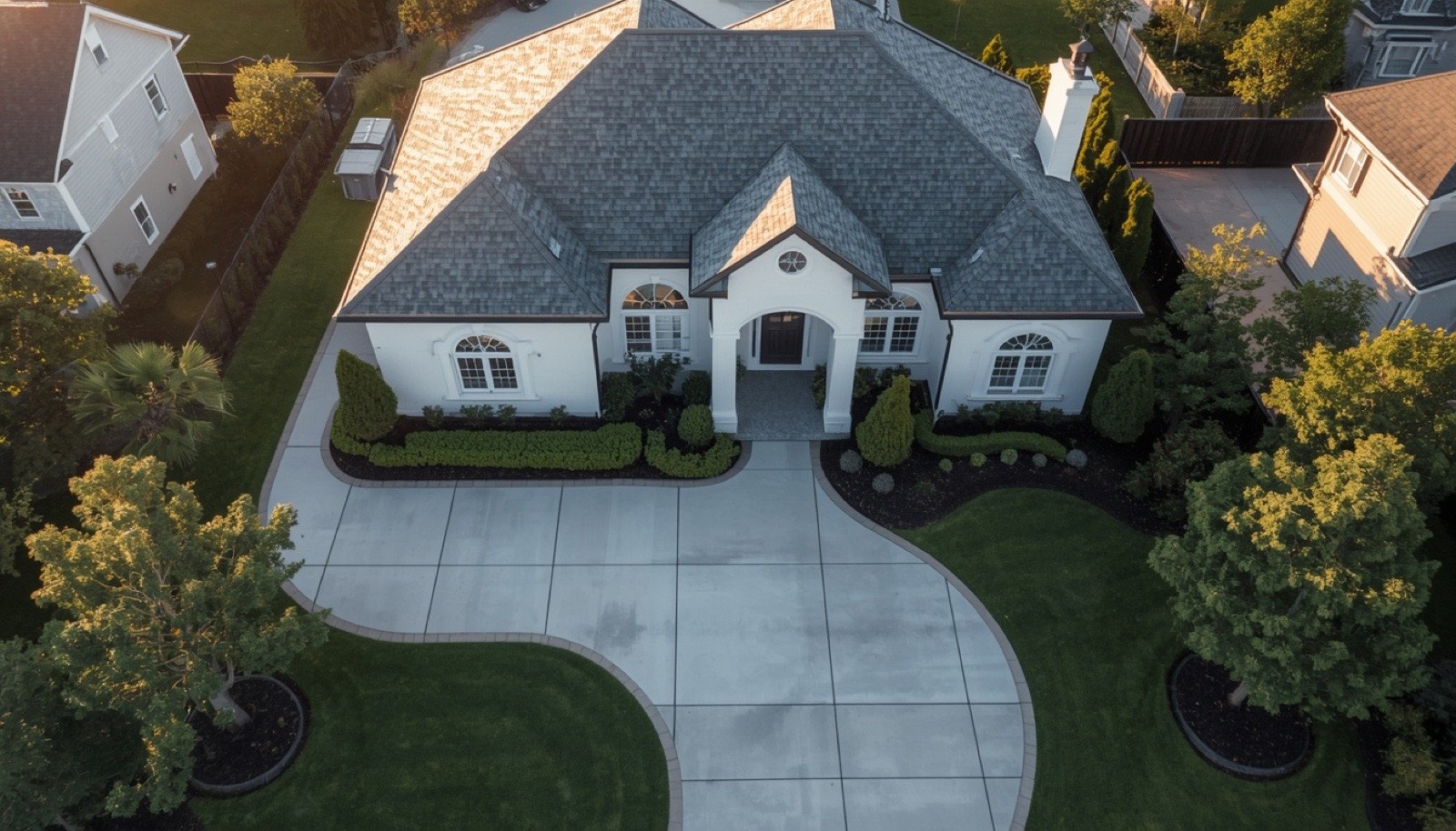 Pristine upscale home with clean driveway, exterior, and gutters