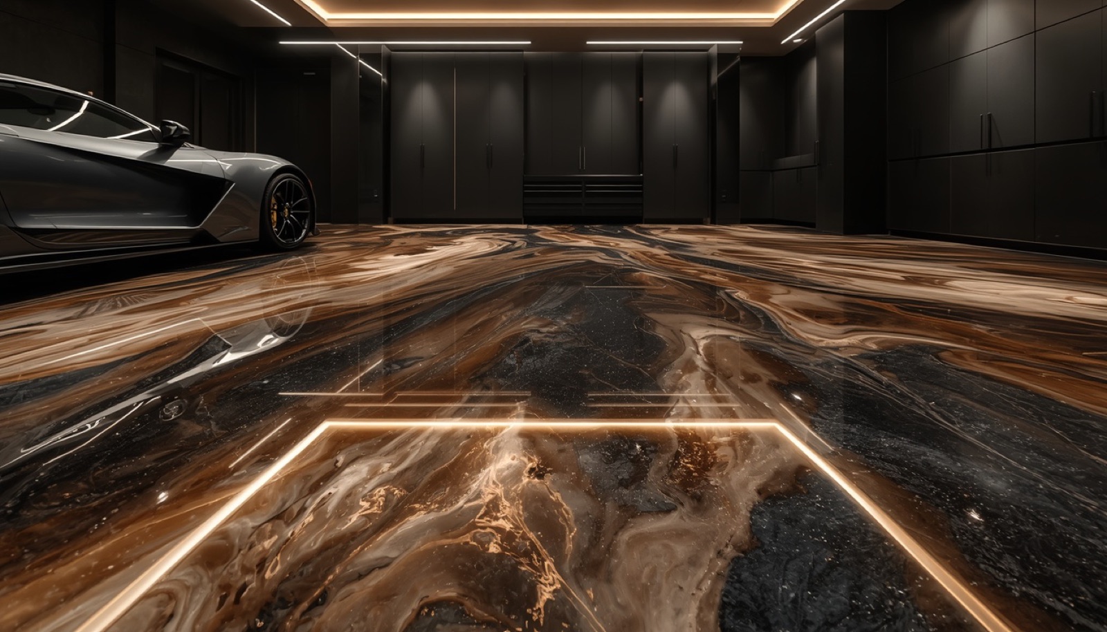 Mirror gloss metallic epoxy garage floor in bronze and charcoal