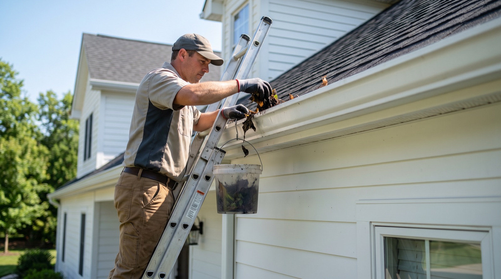 Pelora Surfaces technician on a ladder cleaning the gutters of an upscale home