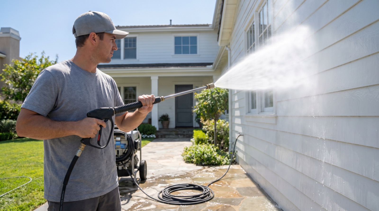 Technician soft washing a large white home exterior