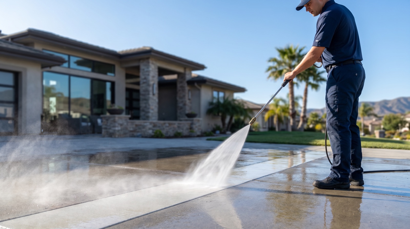 Crew pressure washing a concrete driveway, a clean stripe cutting through dark grime
